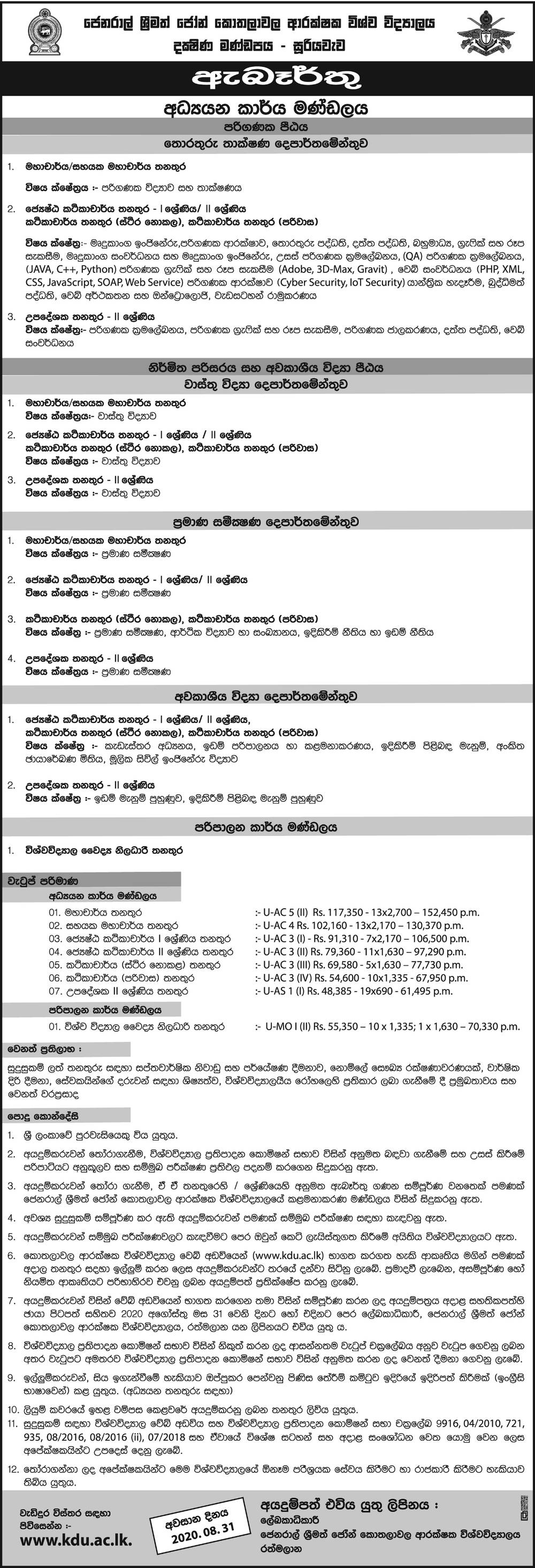 Professor, Senior Lecturer, Lecturer, Instructor, University Medical Officer - General Sir John Kotelawala Defence University