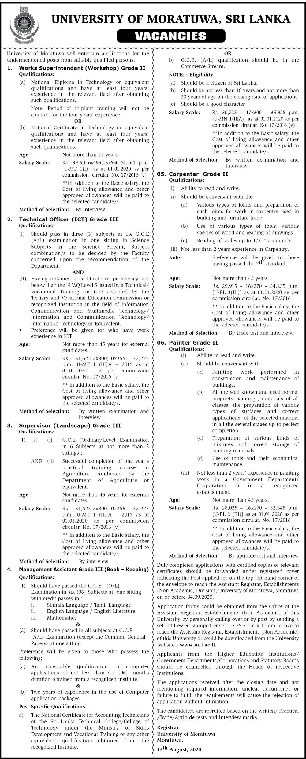 Management Assistant, Works Superintendent, Technical Officer, Supervisor, Carpenter, Painter - University of Moratuwa