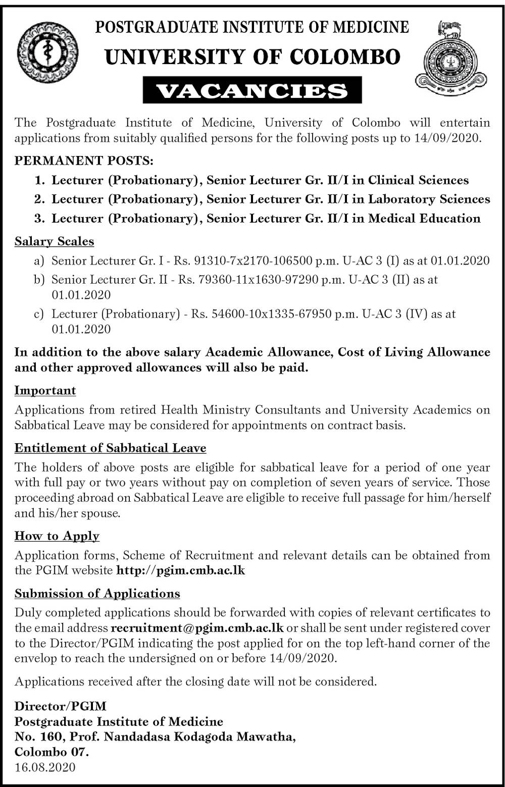 Lecturer, Senior Lecturer - University of Colombo