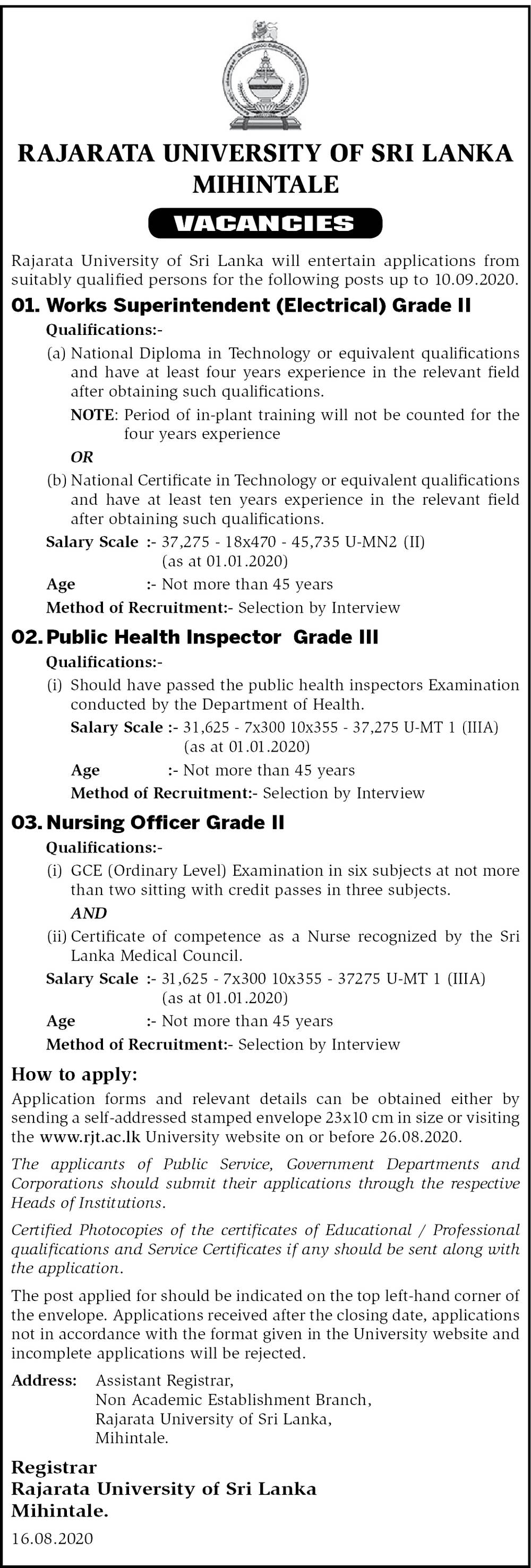 Works Superintendent (Electrical), Public Health Inspector, Nursing Officer - Rajarata University of Sri Lanka