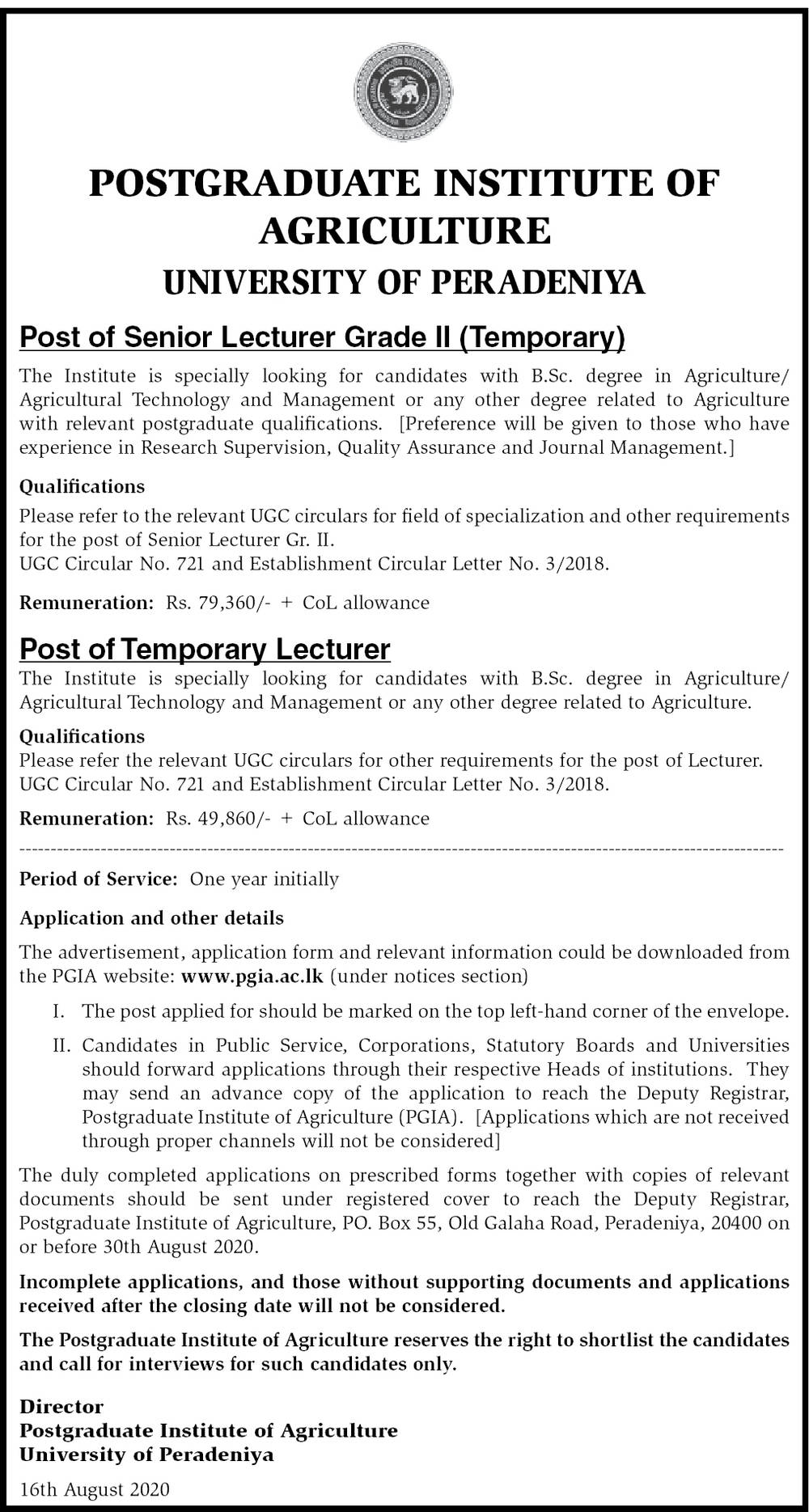 Senior Lecturer, Lecturer - University of Peradeniya