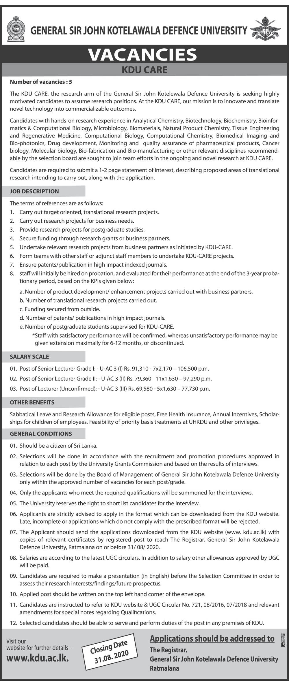 Senior Lecturer, Lecturer - General Sir John Kotelawala Defence University