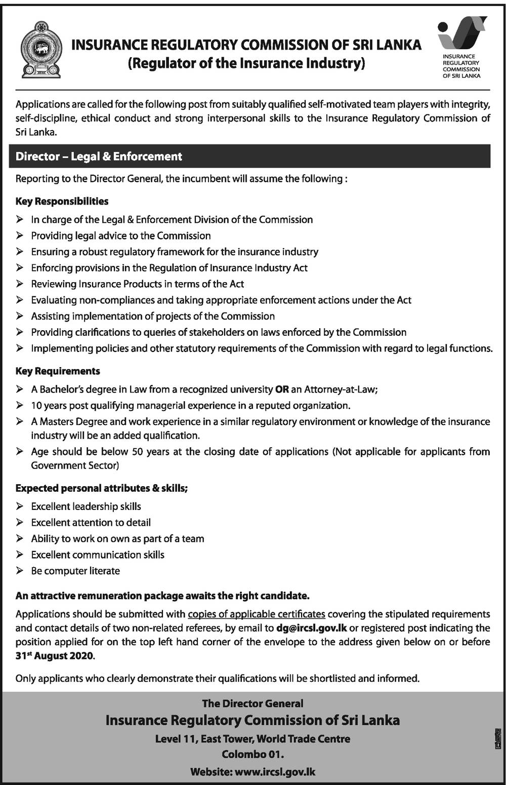 Director (Legal & Enforcement) - Insurance Regulatory Commission of Sri Lanka