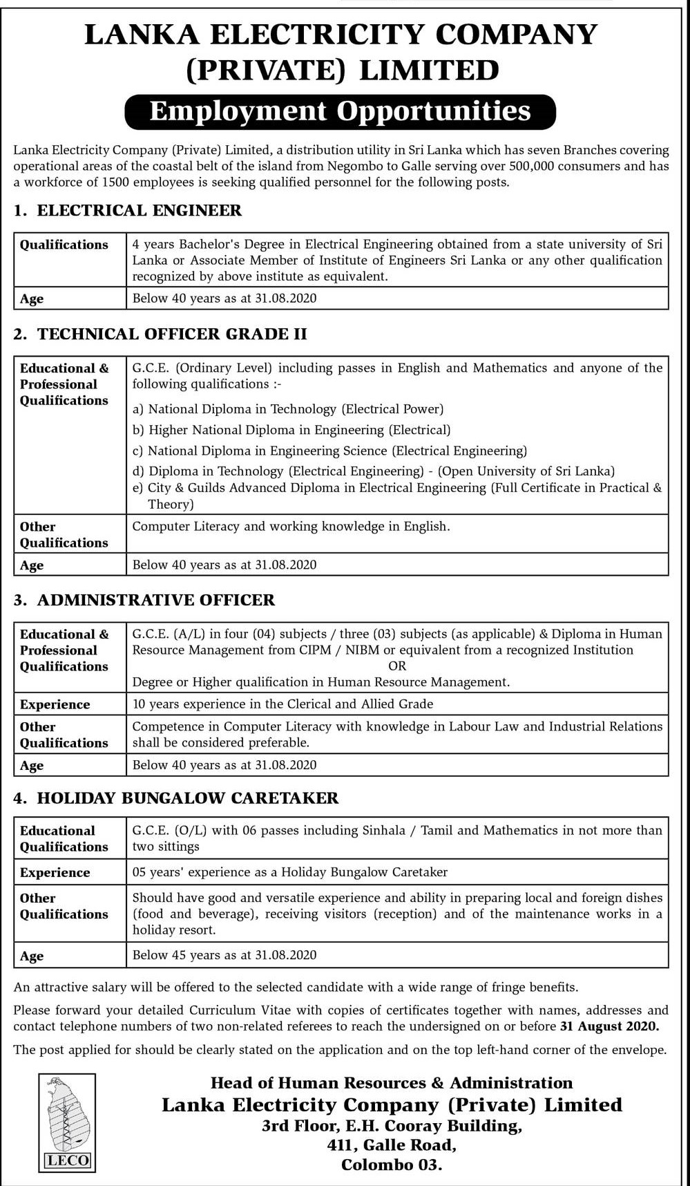 Electrical Engineer, Technical Officer, Administrative Officer, Holiday Bungalow Caretaker - Lanka Electricity Company (Private) Ltd