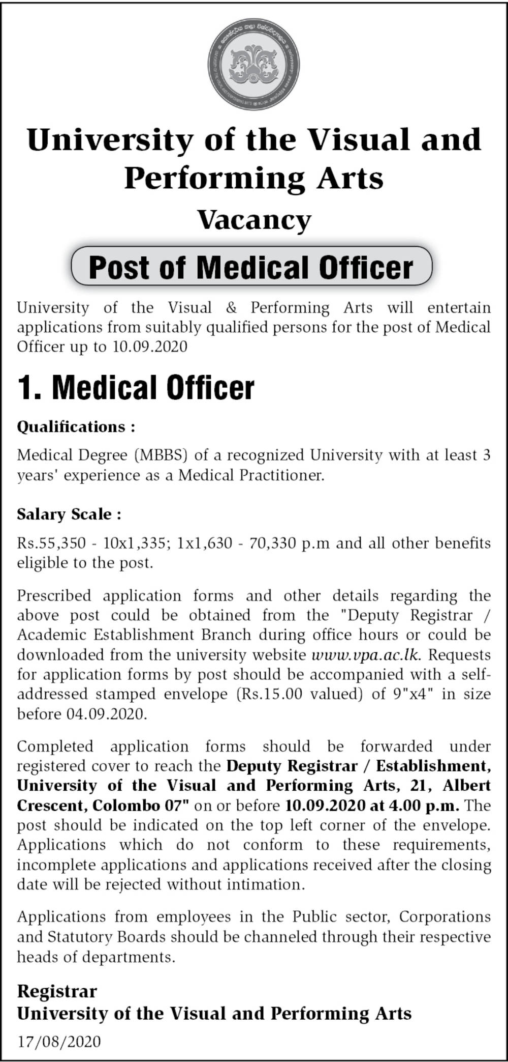 Medical Officer - University of the Visual & Performing Arts