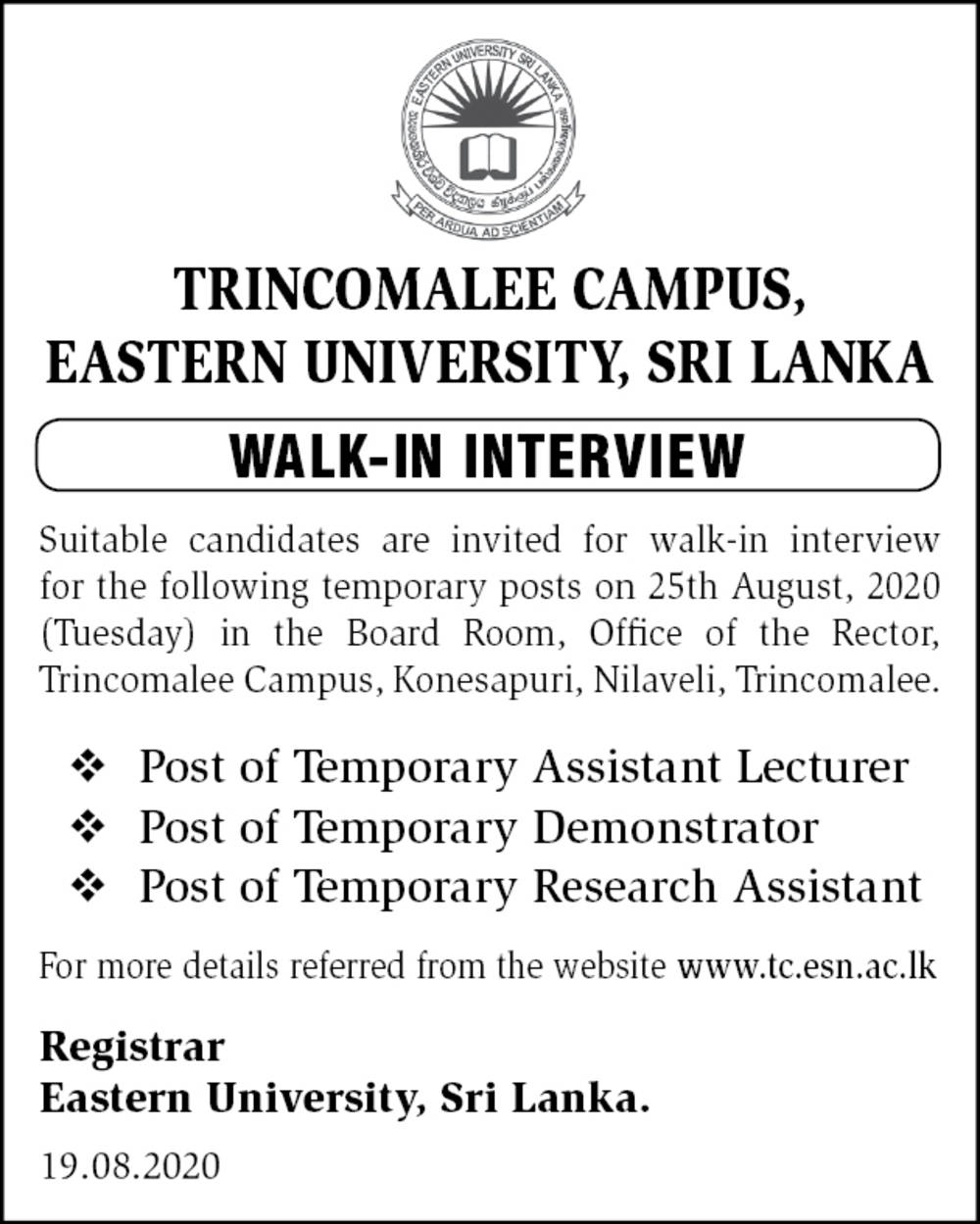 Assistant Lecturer, Demonstrator, Research Assistant - Eastern University