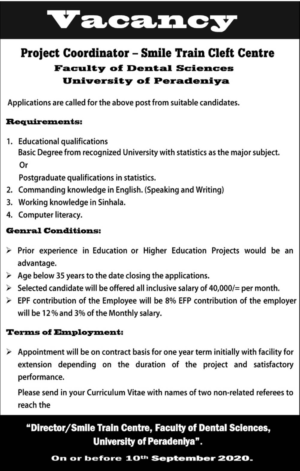 Project Coordinator - Faculty of Dental Sciences - University of Peradeniya