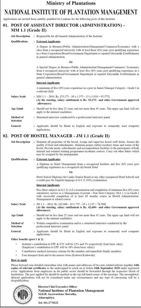 Hostel Manager, Assistant Director (Administration) - National Institute of Plantation Management