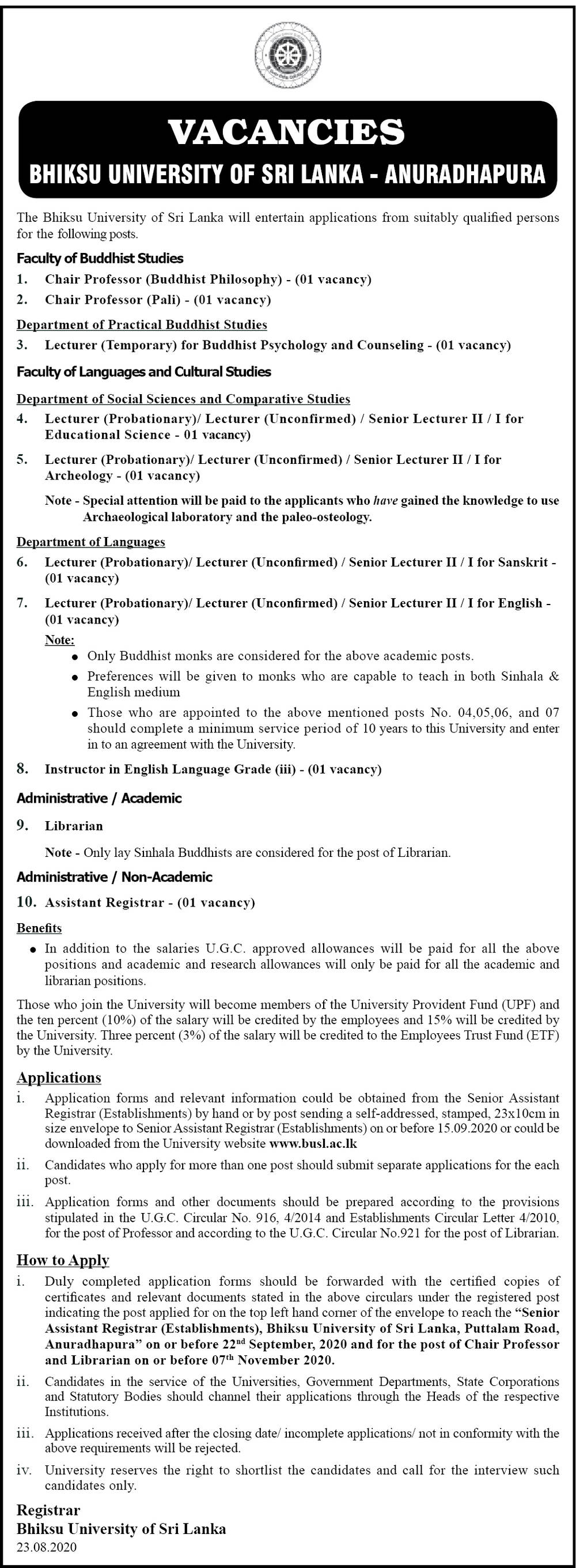 Professor, Lecturer, Senior Lecturer, Instructor in English Language, Librarian, Assistant Registrar - Bhiksu University of Sri Lanka