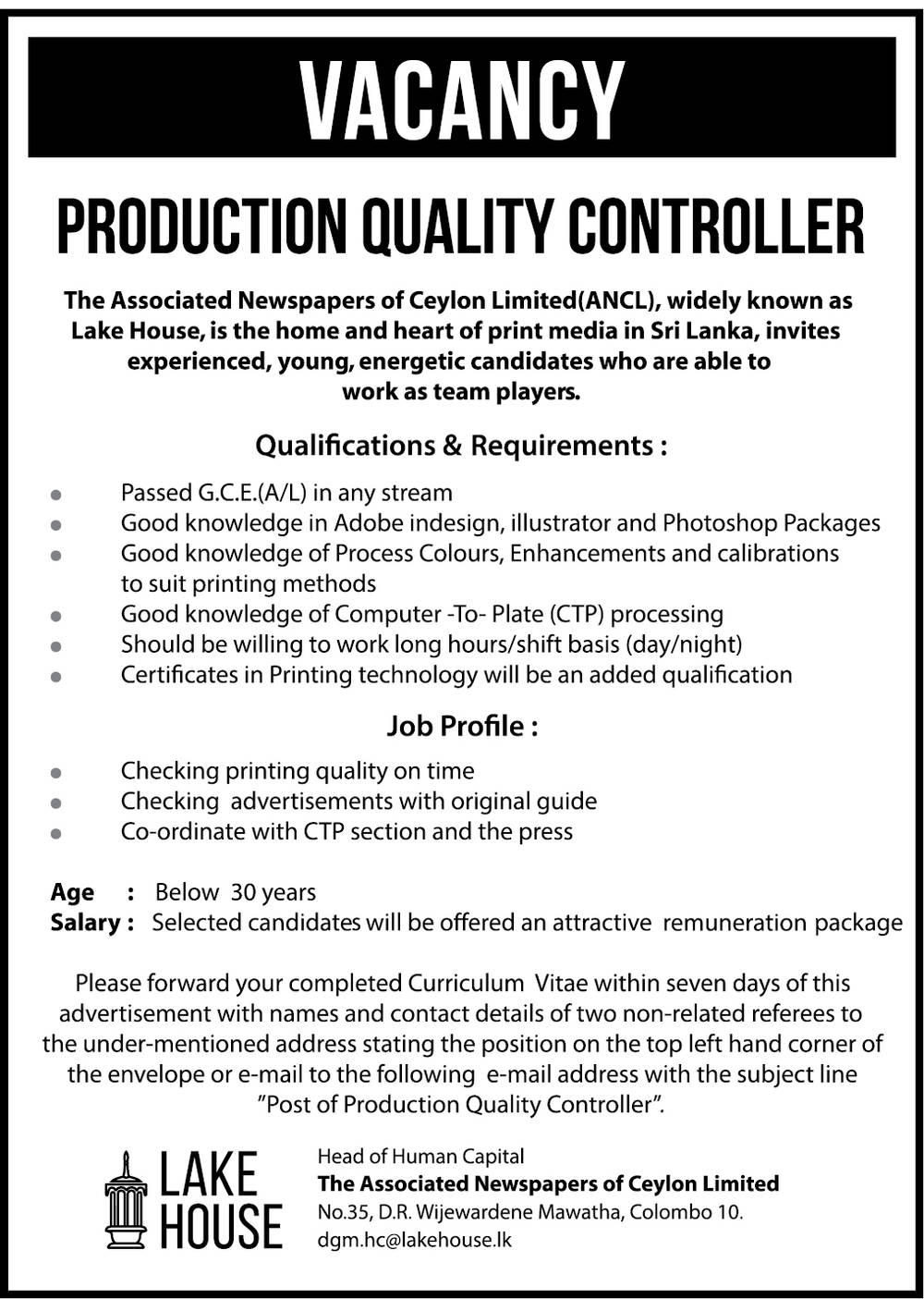 Company Secretary, Production Quality Controller, Production Executive - The Associated Newspapers of Ceylon Ltd