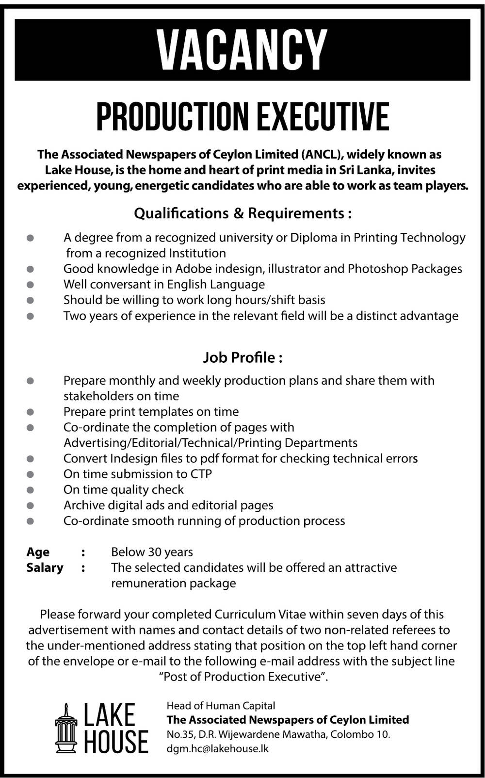 Company Secretary, Production Quality Controller, Production Executive - The Associated Newspapers of Ceylon Ltd