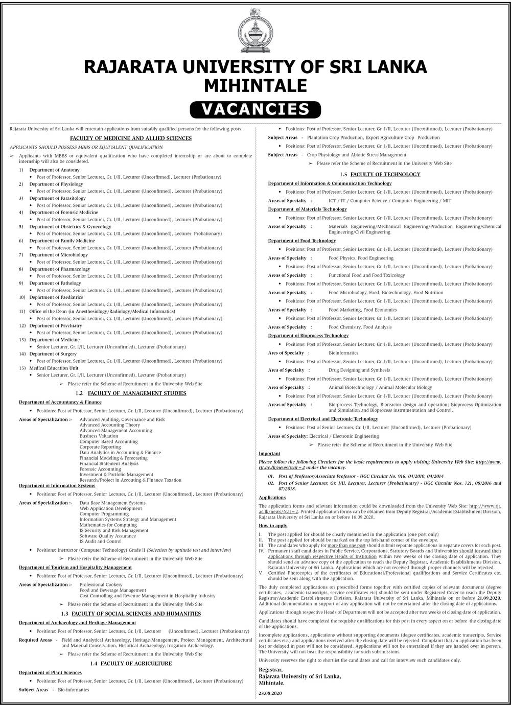 Professor, Senior Lecturer, Lecturer - Rajarata university