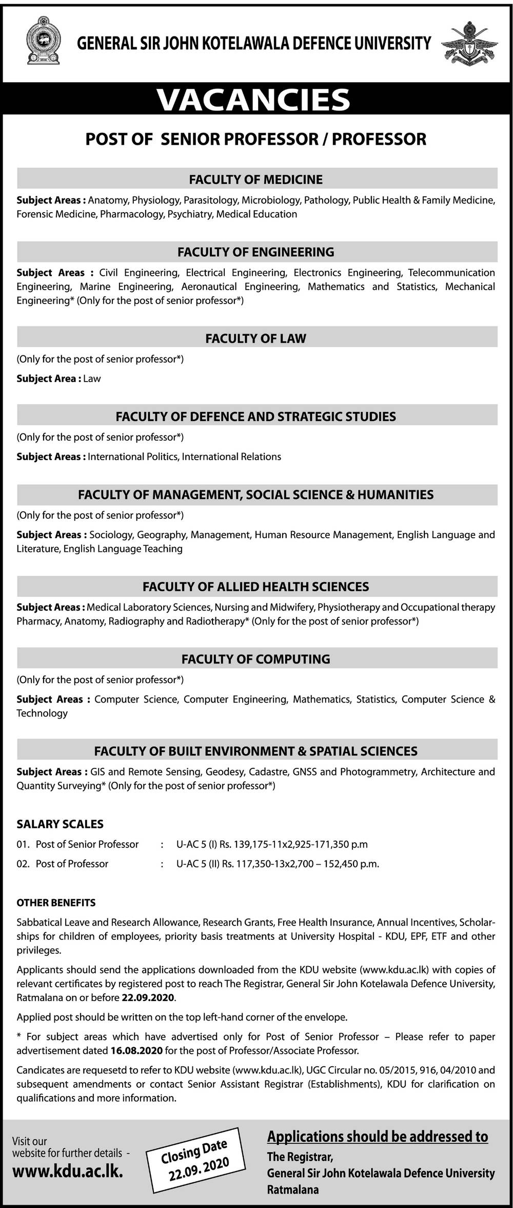 Senior Professor, Professor - General Sir John Kotelawala Defence University