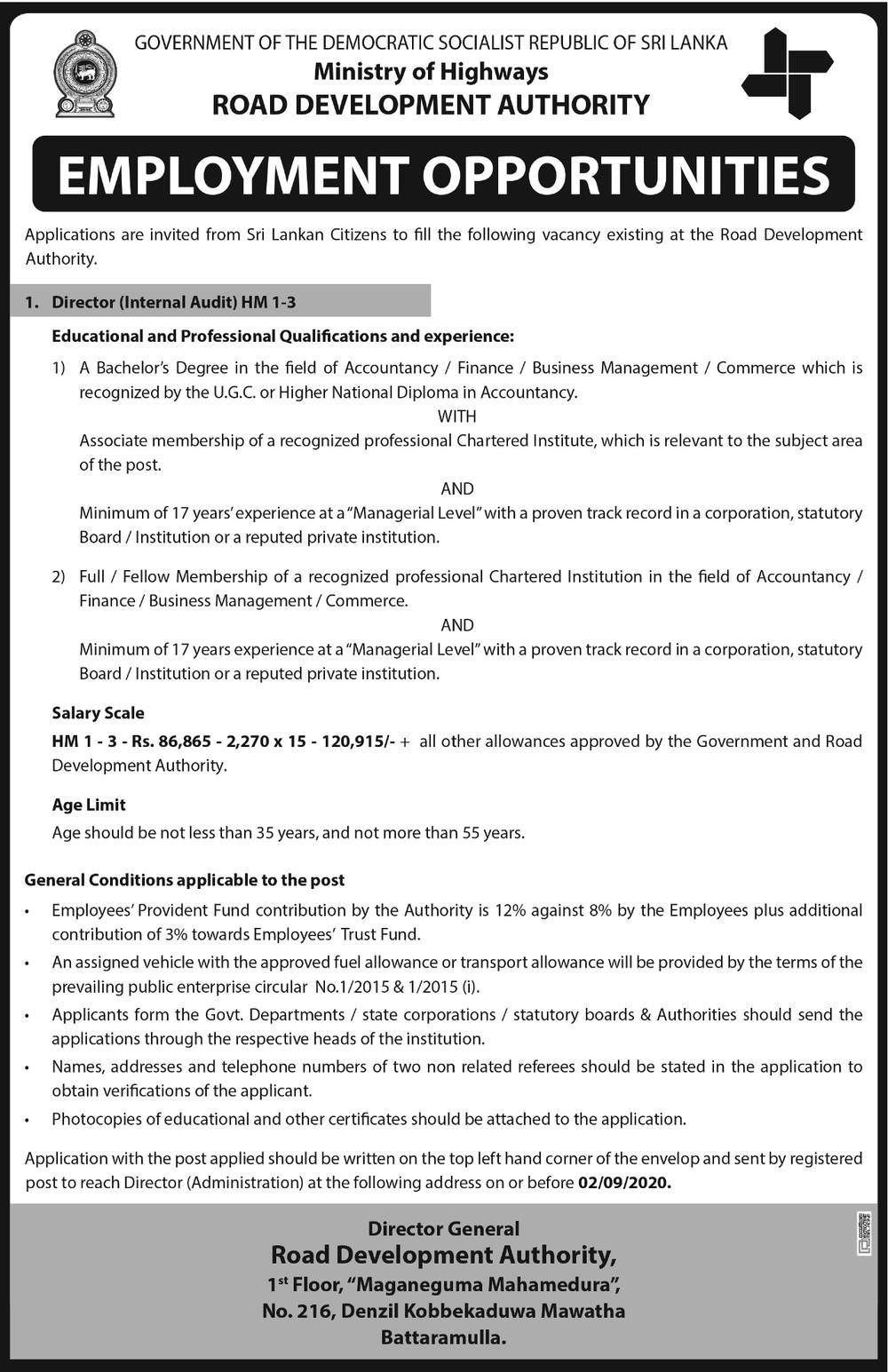 Director (Internal Audit) - Road Development Authority