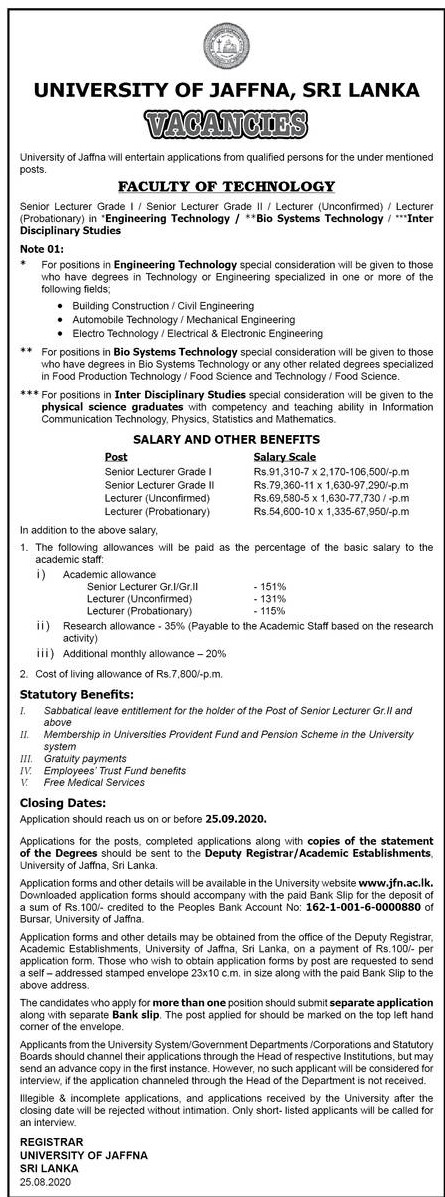 Senior Lecturer, Lecturer - University of Jaffna