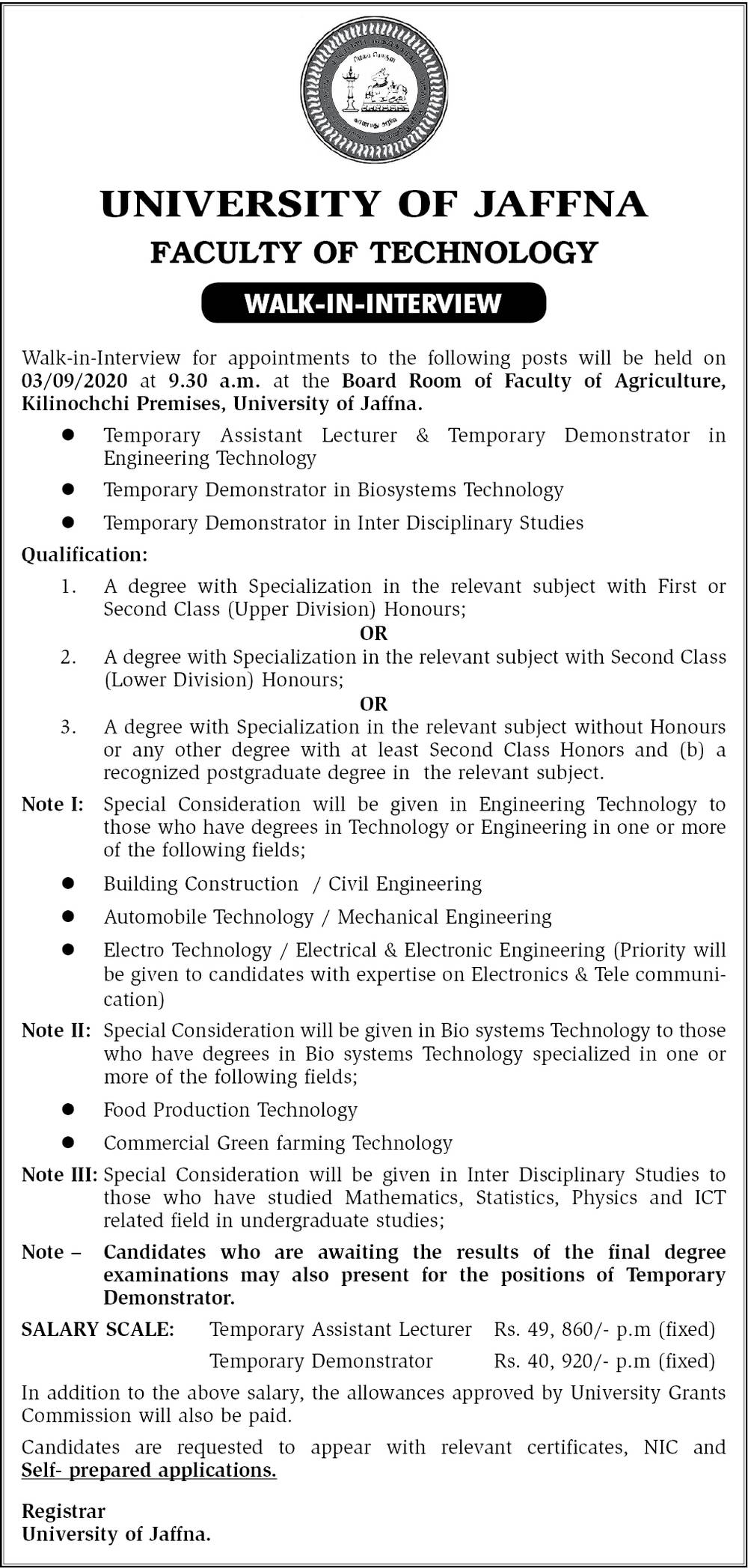 Assistant Lecturer, Demonstrator - University of Jaffna