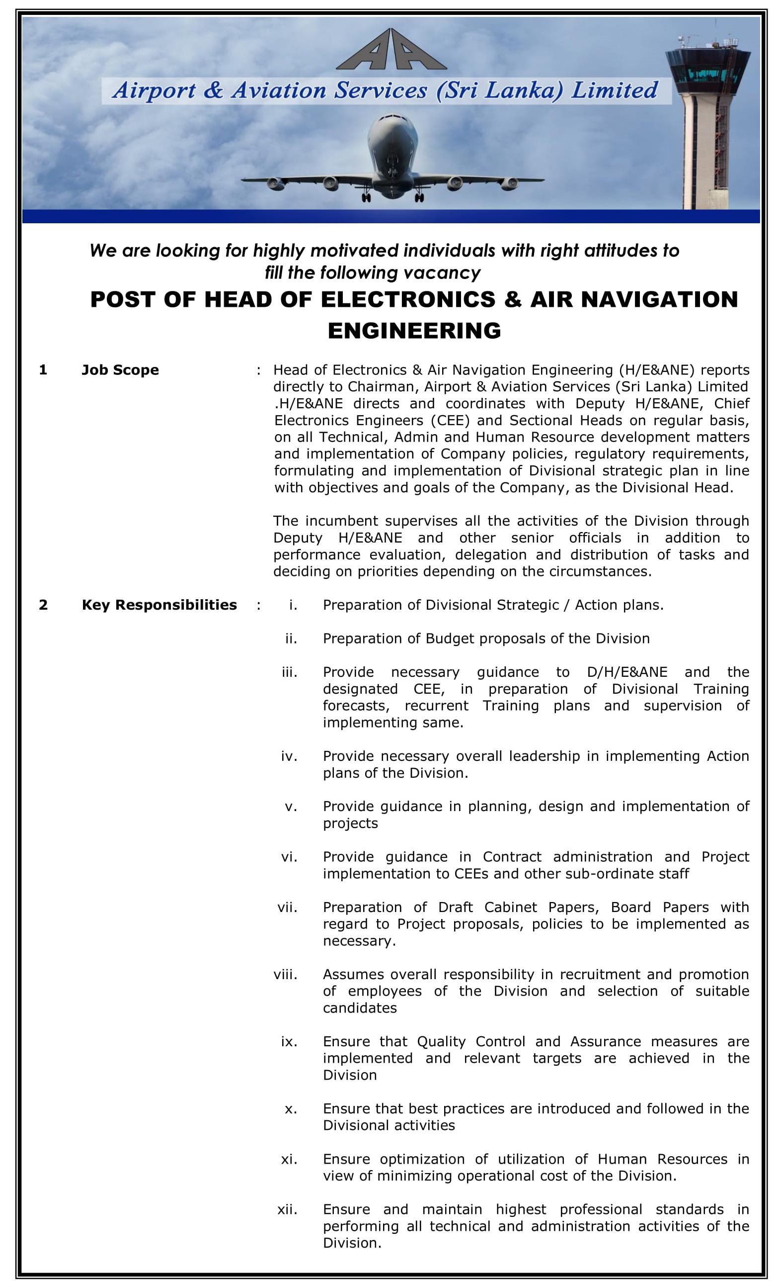 Head of Electronics & Air Navigation Engineering - Airport & Aviation Services (Sri Lanka) Limited