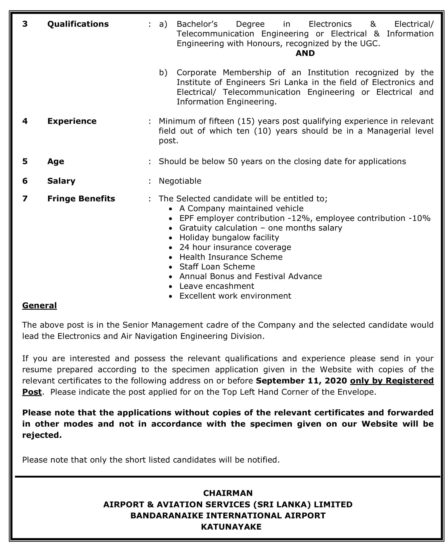 Head of Electronics & Air Navigation Engineering - Airport & Aviation Services (Sri Lanka) Limited