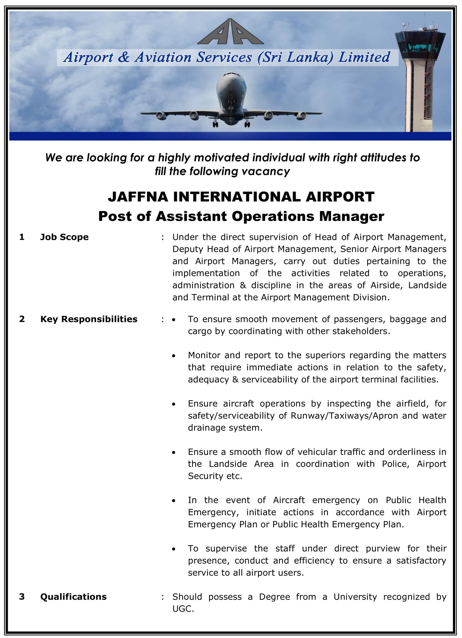 Assistant Operations Manager - Airport & Aviation Services (Sri Lanka) Limited