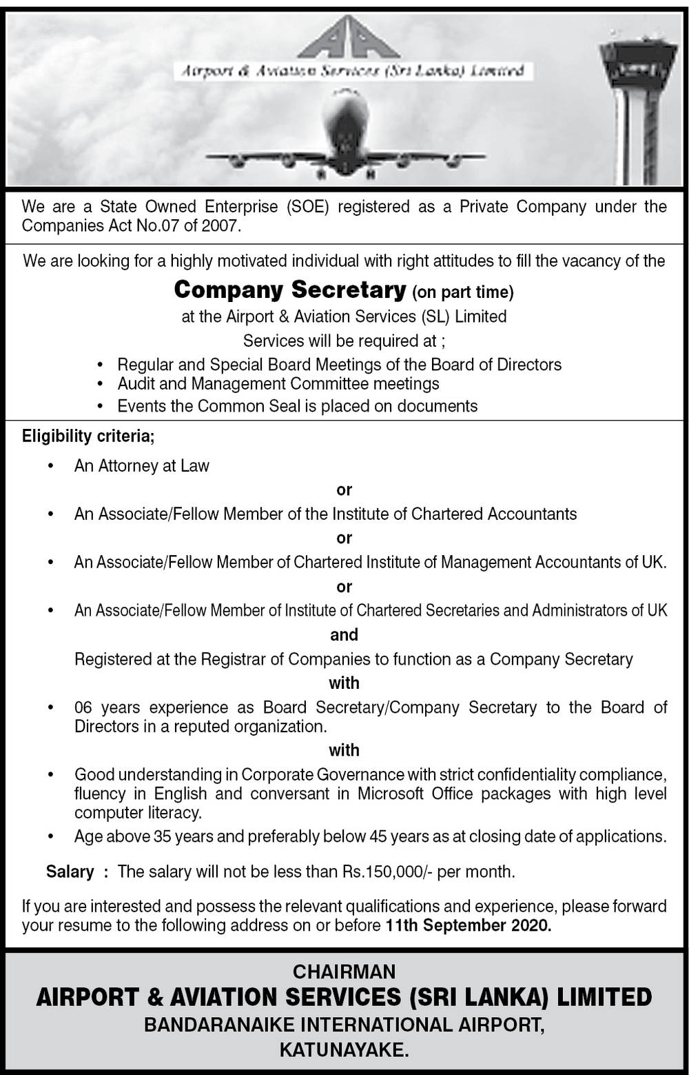 Company Secretary - Airport & Aviation Services (Sri Lanka) Limited