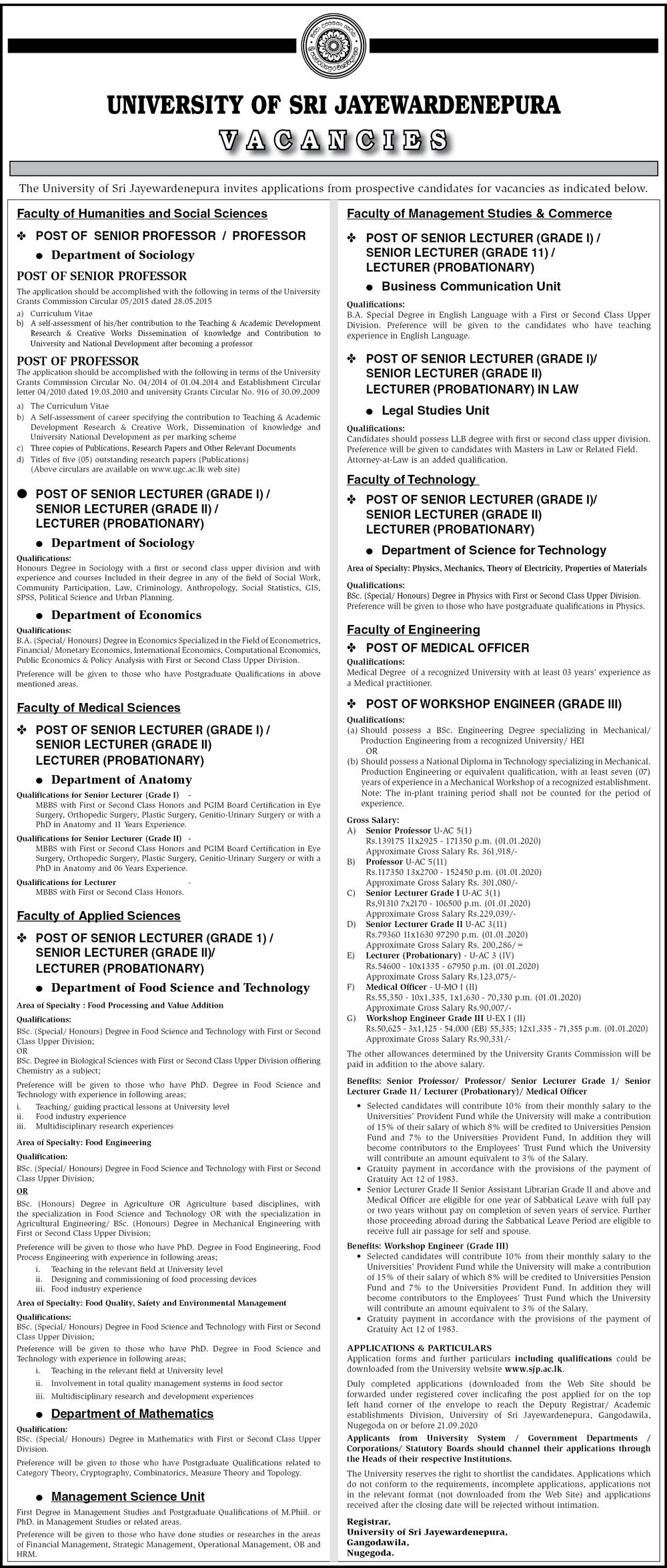 Medical Officer, Workshop Engineer, Senior Lecturer, Lecturer, Senior Professor, Professor - University of Sri Jayewardenepura