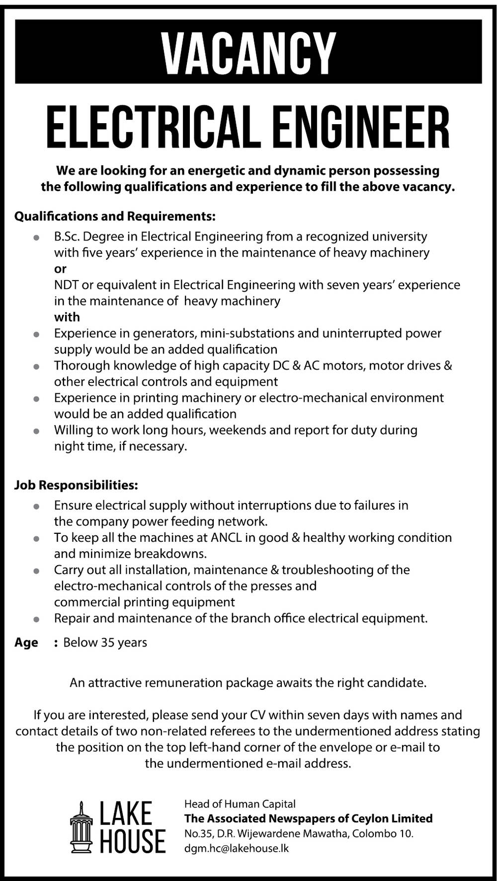 Electrical Engineer, Proof Reader, DTP Operator - The Associated Newspapers of Ceylon Limited