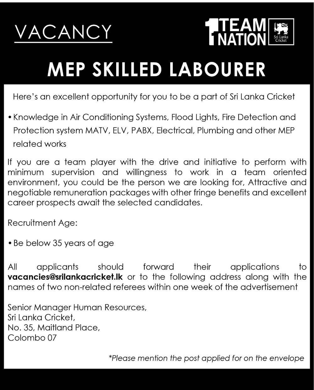 MEP Skilled Labourer, Assistant Maintenance Engineer, Assistant Civil Engineer, Manager - Sri Lanka Cricket