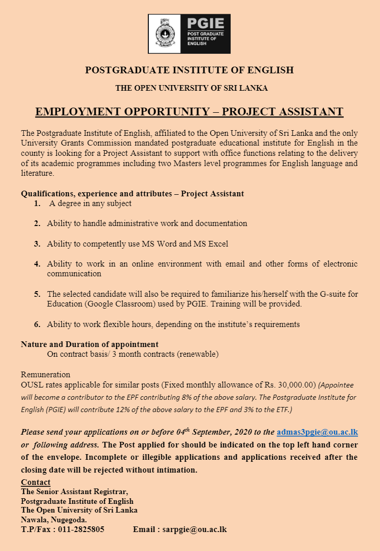 Project Assistant, Academic Coordinator - The Open University of Sri Lanka