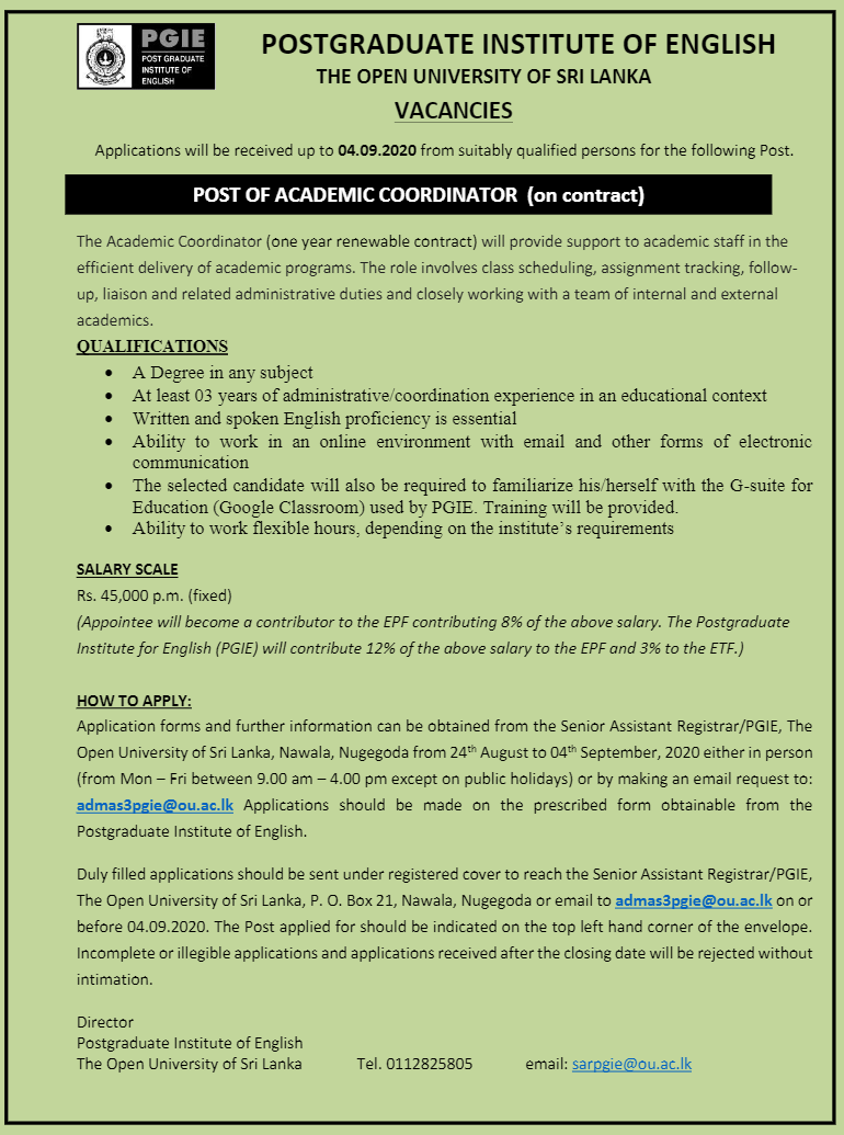 Project Assistant, Academic Coordinator - The Open University of Sri Lanka