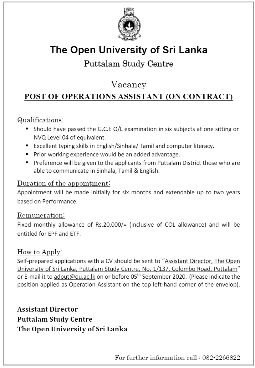 Project Assistant, Operations Assistant, IT Demonstrator - The Open University of Sri Lanka