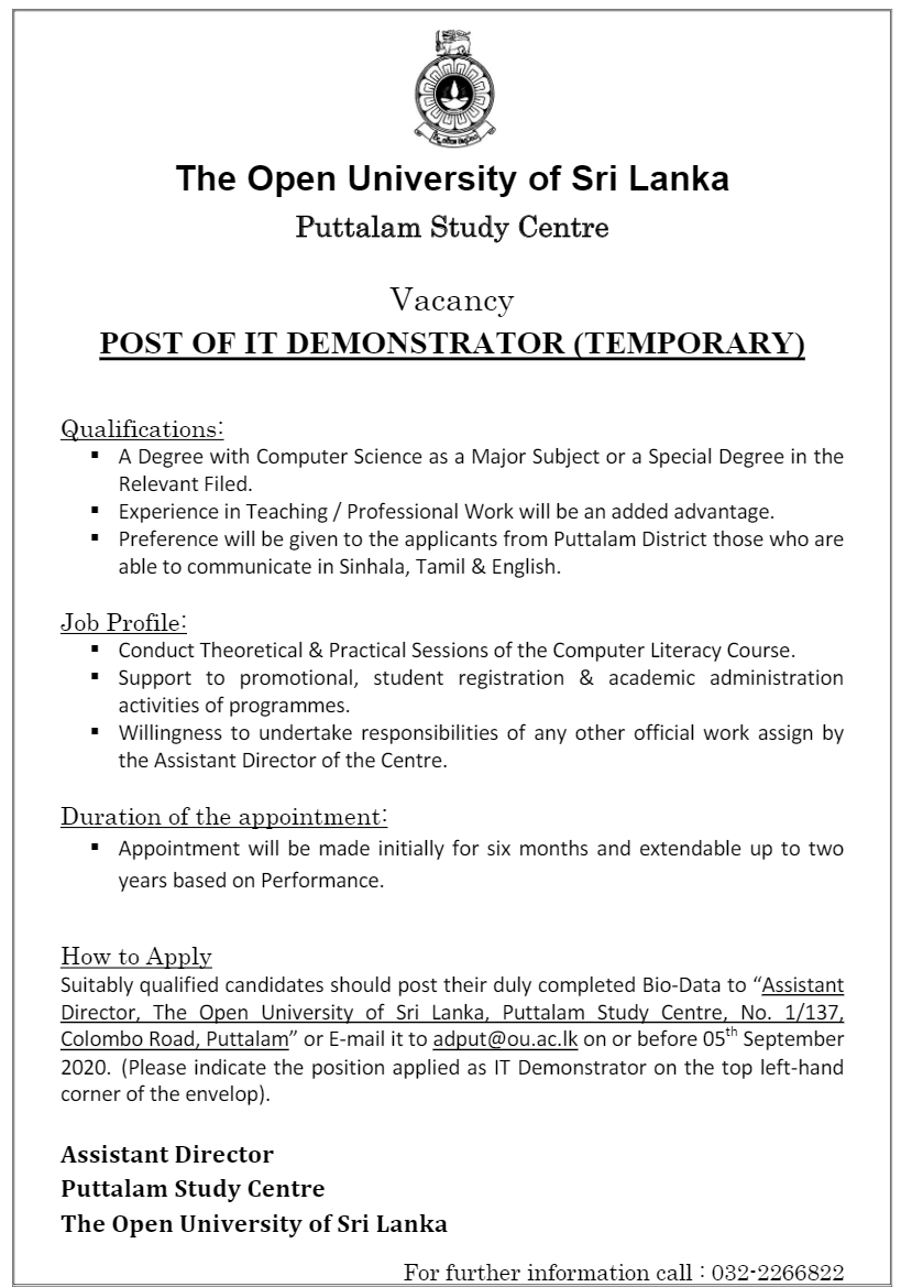 Project Assistant, Operations Assistant, IT Demonstrator - The Open University of Sri Lanka