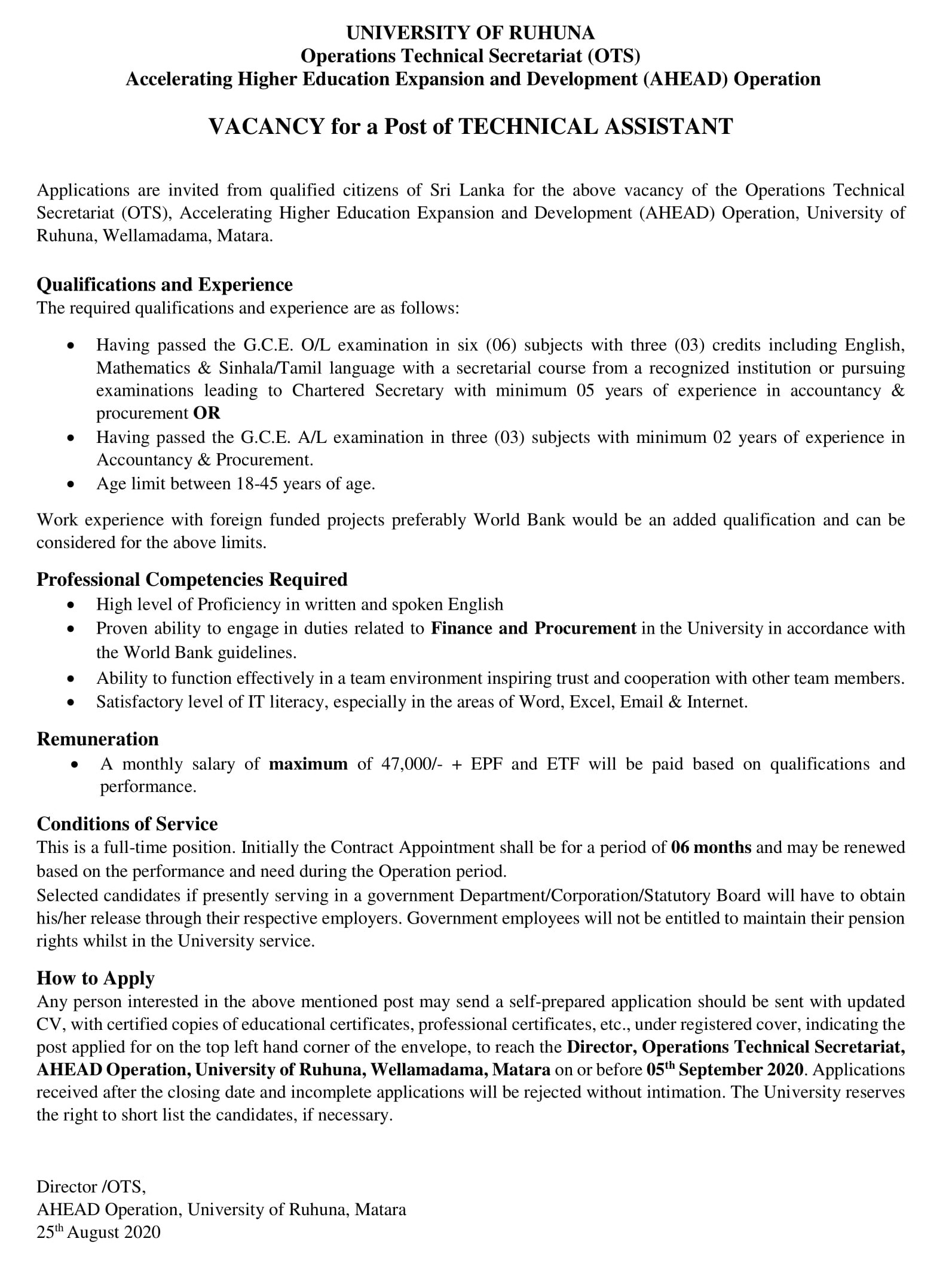 Technical Assistant - University of Ruhuna