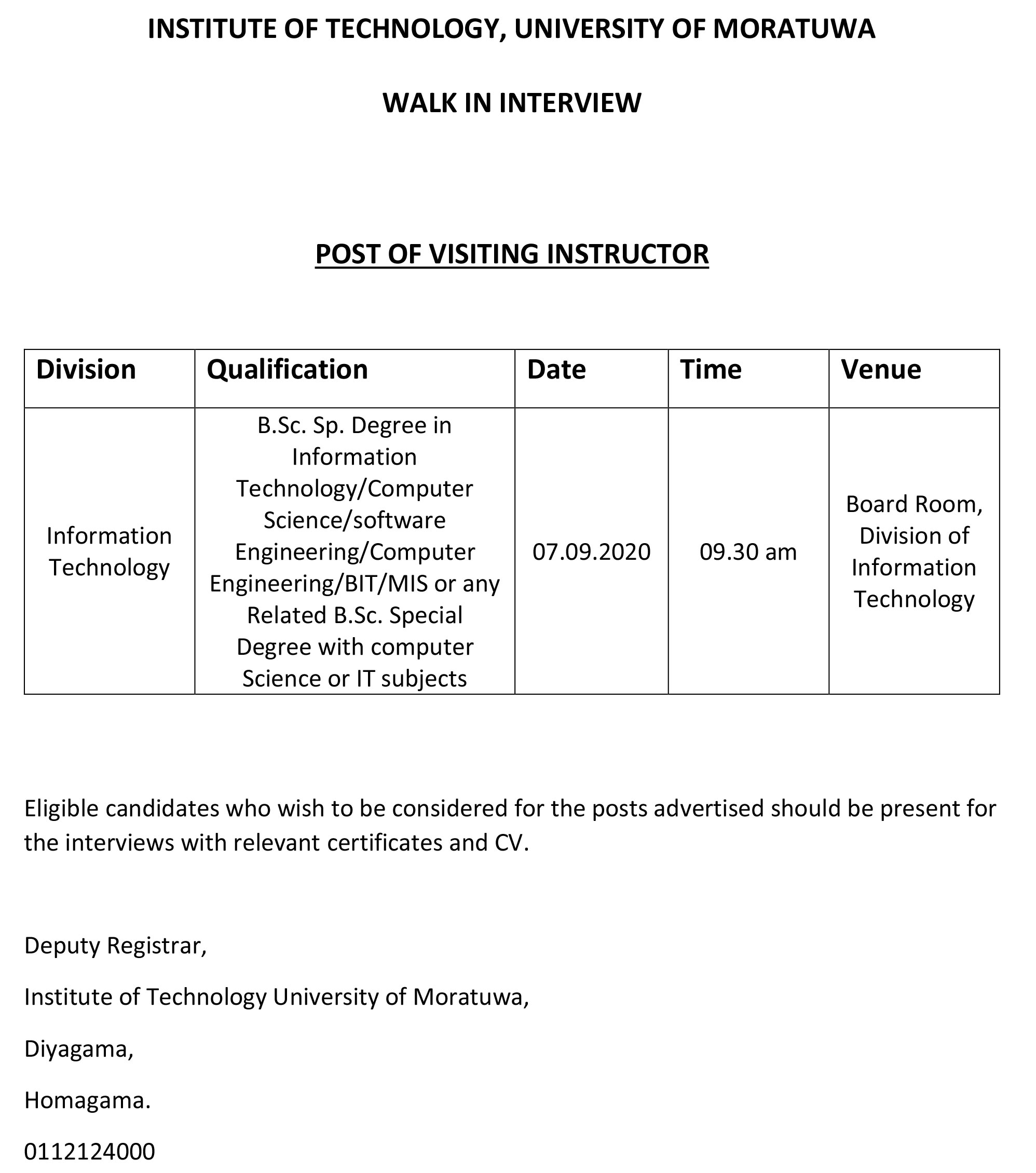 Visiting Instructor - Institute of Technology - University of Moratuwa