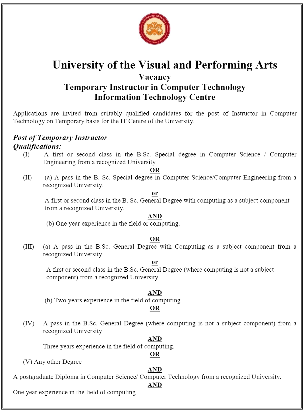 Instructor in Computer Technology - University of the Visual & Performing Arts