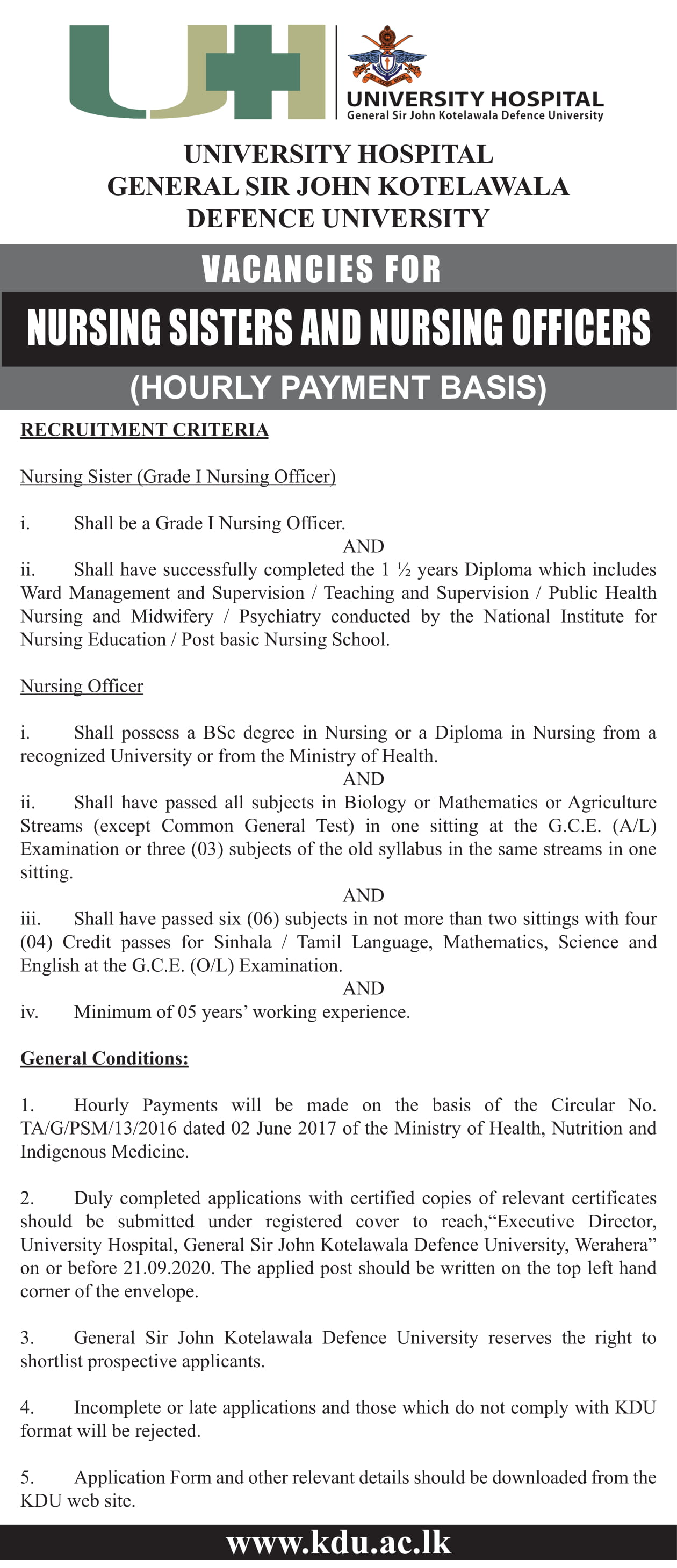 Nursing Sister & Nursing Officer - University Hospital - General Sir John Kotelawala Defence University