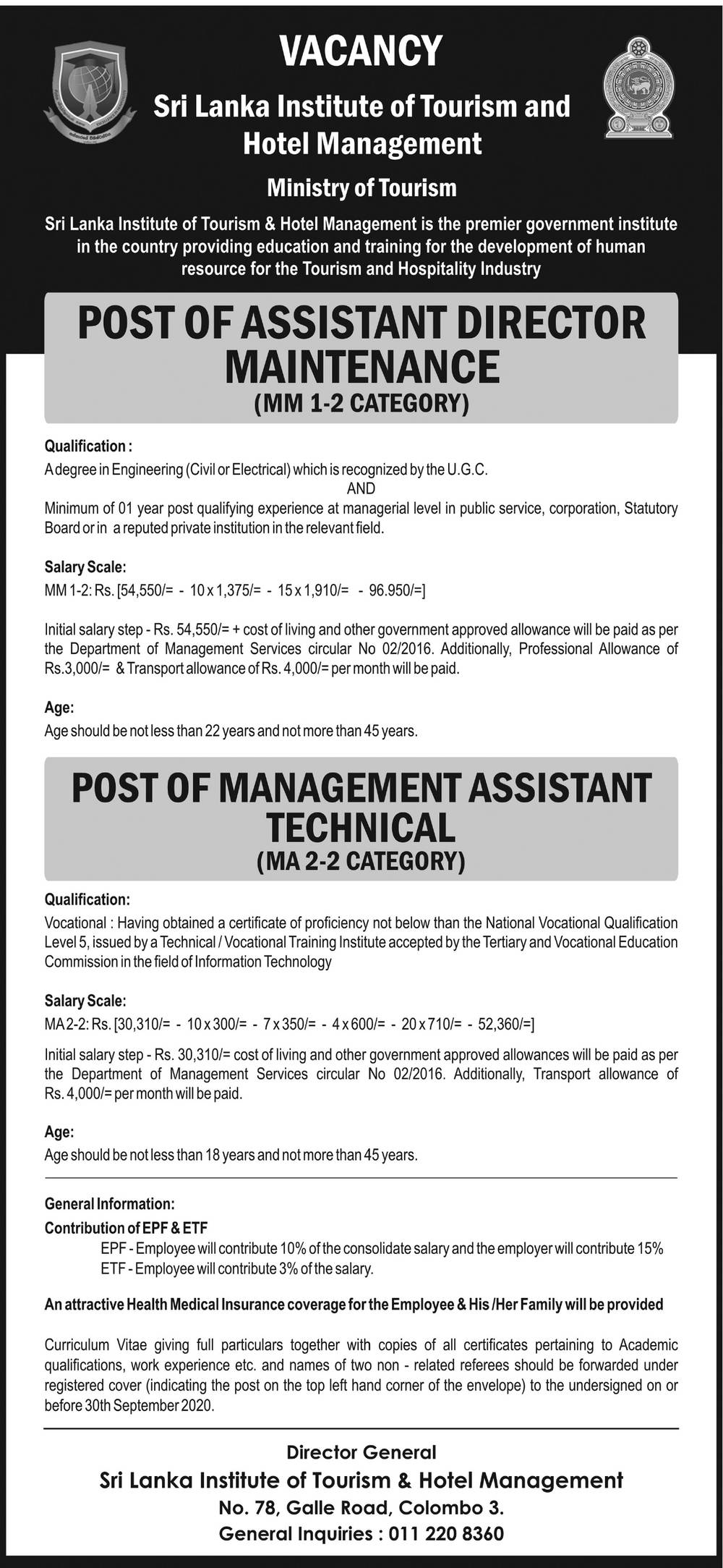Assistant Director (Maintenance), Management Assistant (Technical) - Sri Lanka Institute of Tourism & Hotel Management
