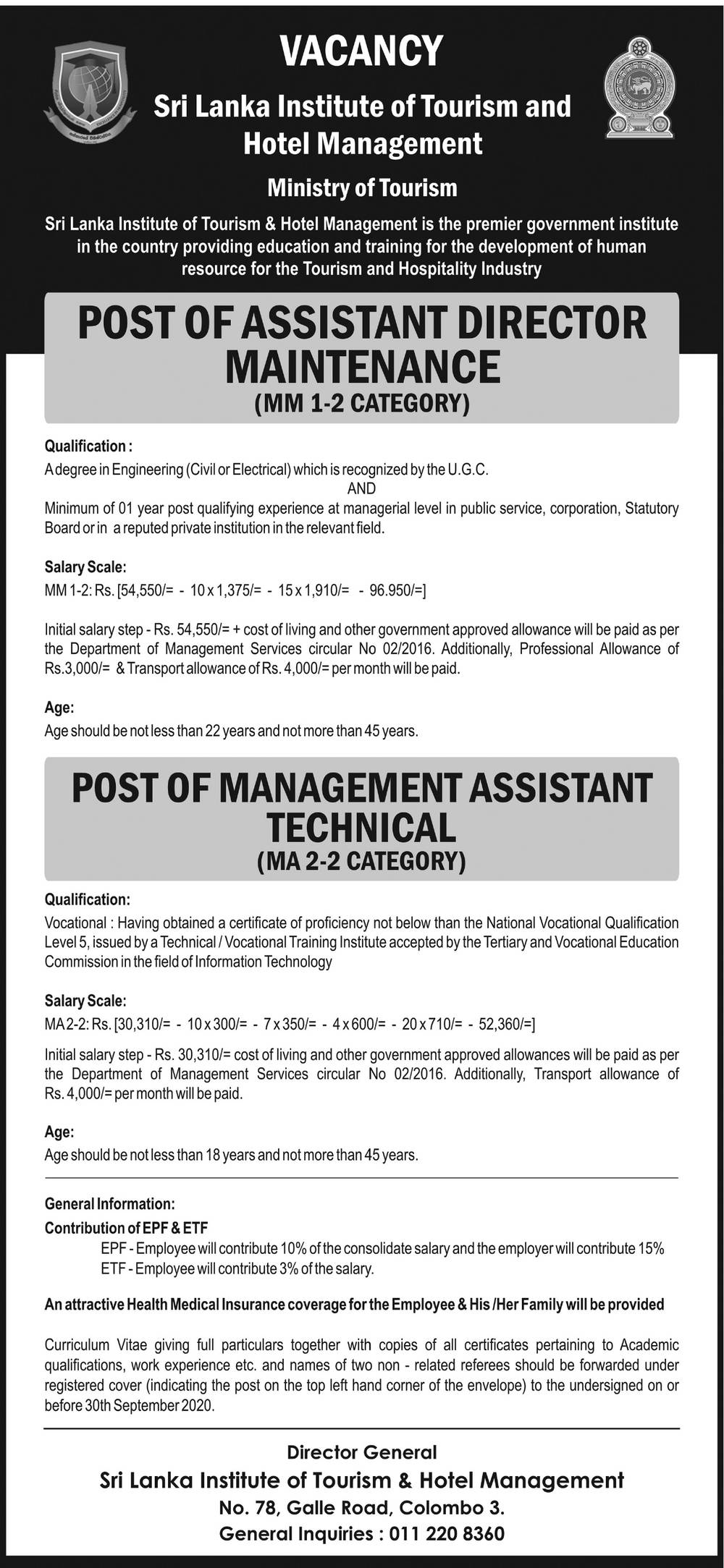 Assistant Director (Maintenance), Management Assistant (Technical) - Sri Lanka Institute of Tourism & Hotel Management