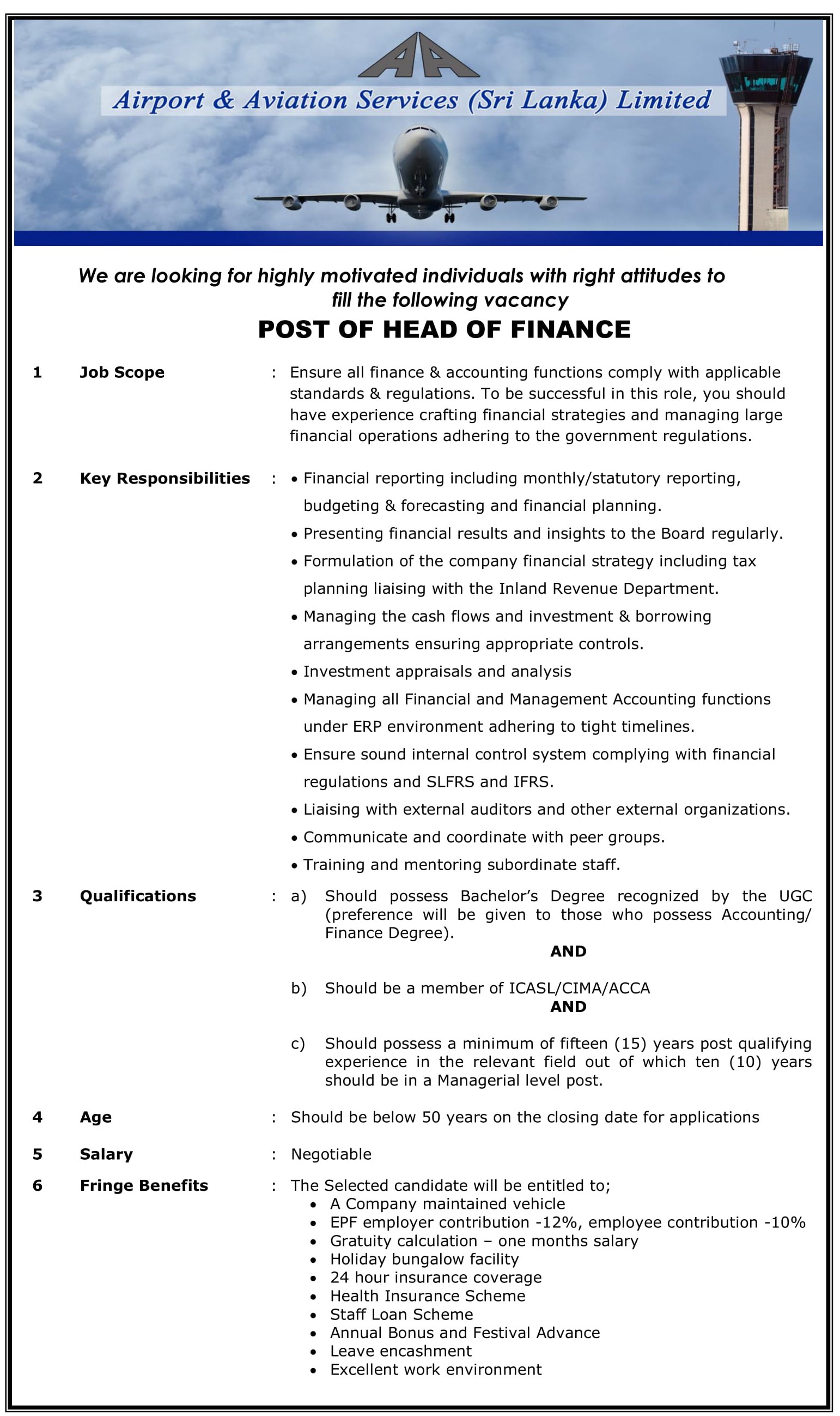 Head of Finance - Airport & Aviation Services (Sri Lanka Limited