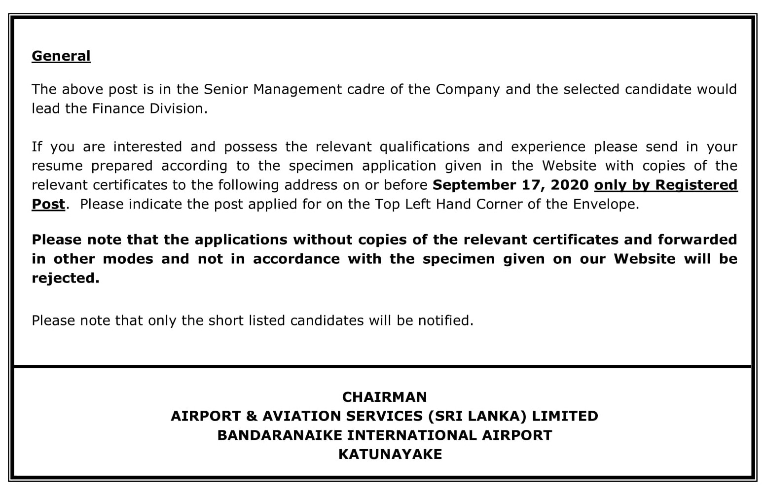 Head of Finance - Airport & Aviation Services (Sri Lanka Limited