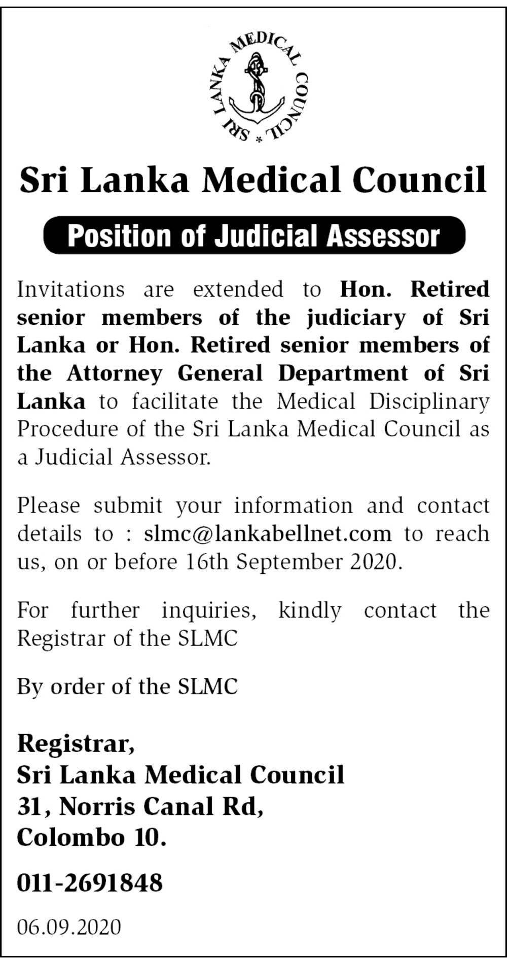 Judicial Assessor - Sri Lanka Medical Council