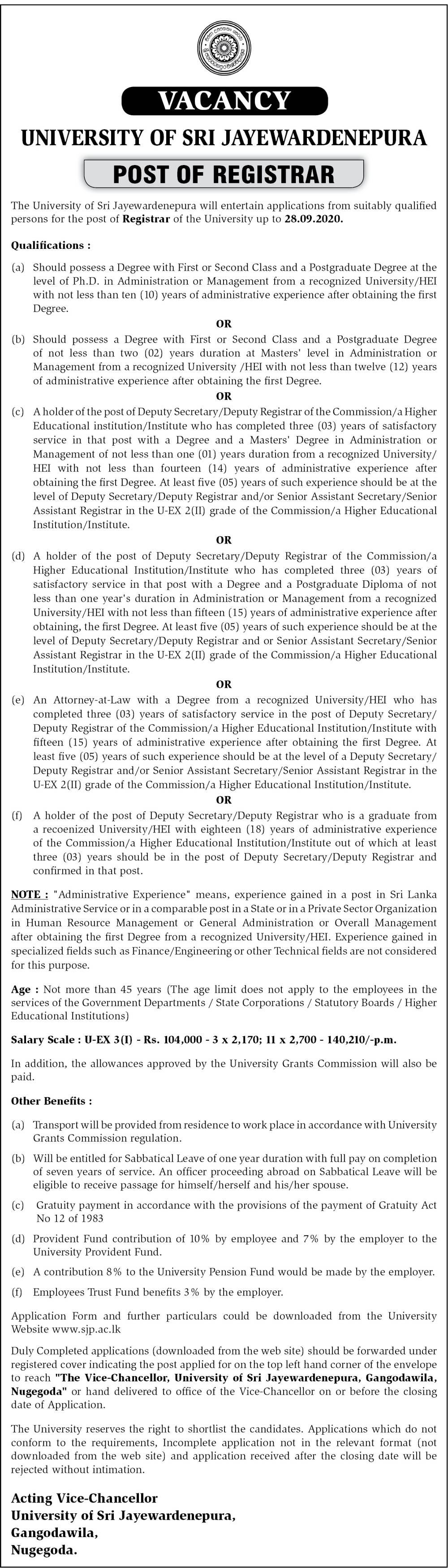 Registrar - University of Sri Jayewardenepura