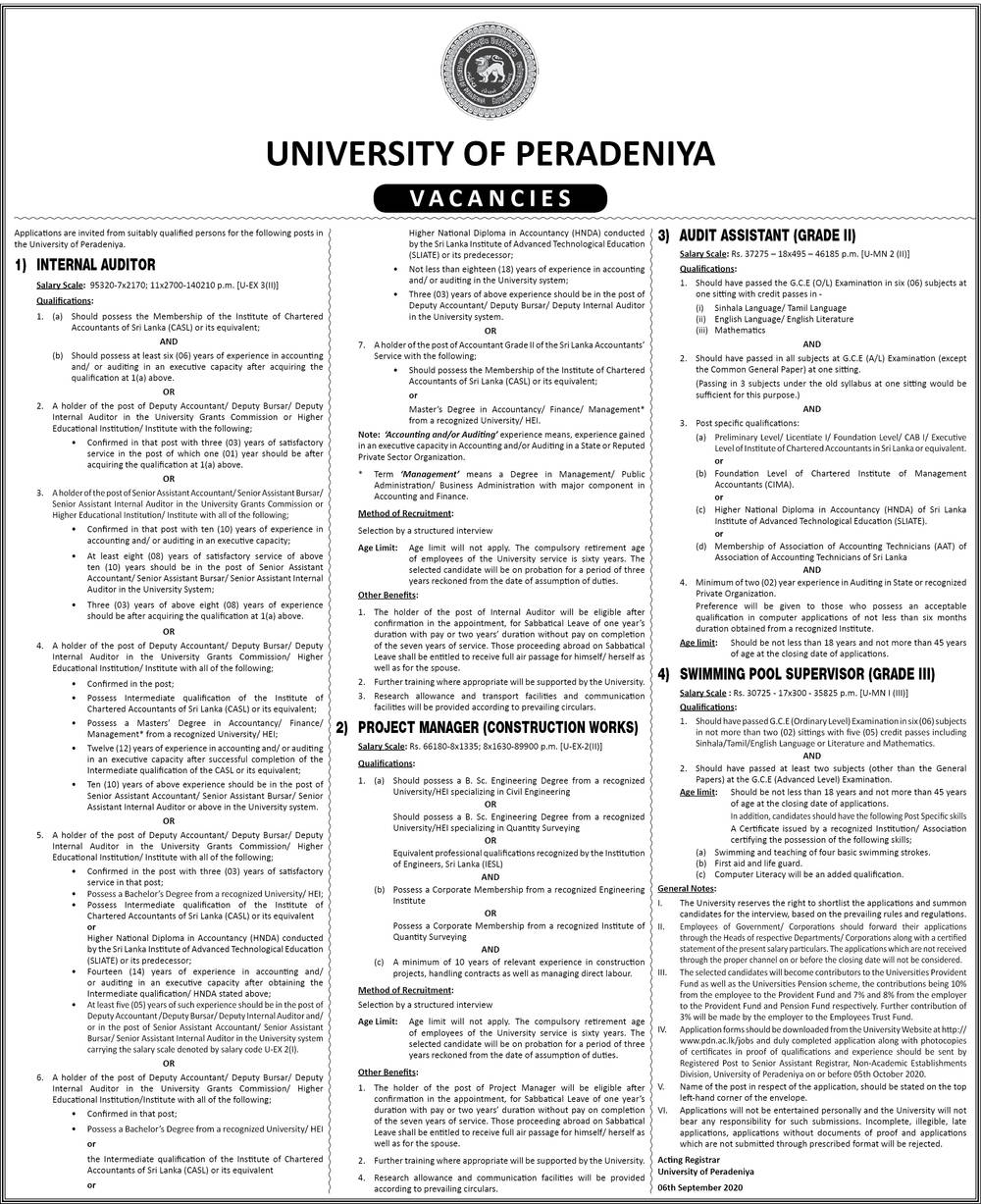 Internal Auditor, Project Manager, Audit Assistant, Swimming Pool Supervisor - University of Peradeniya