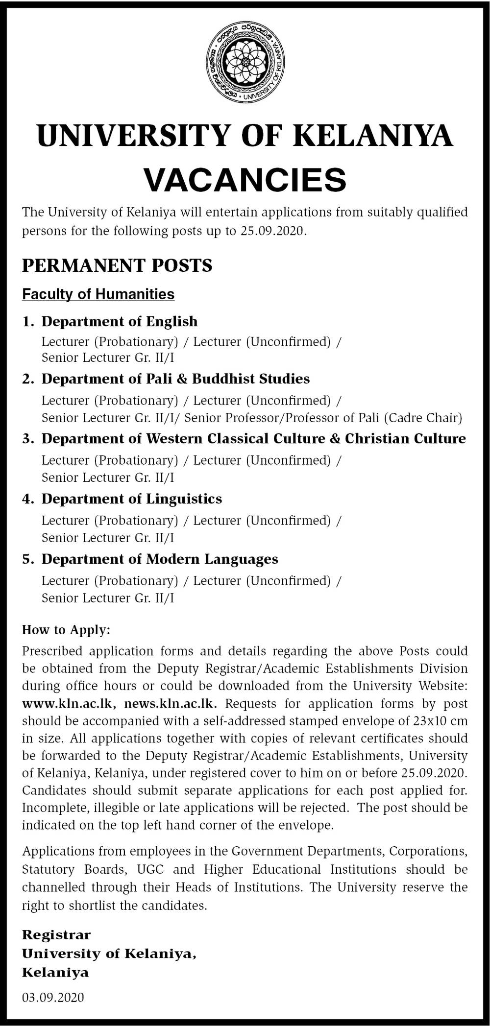 Lecturer, Senior Lecturer, Senior Professor, Professor - University of Kelaniya