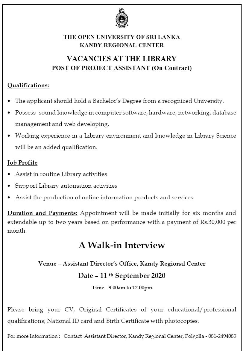 Project Assistant - The Open University of Sri Lanka