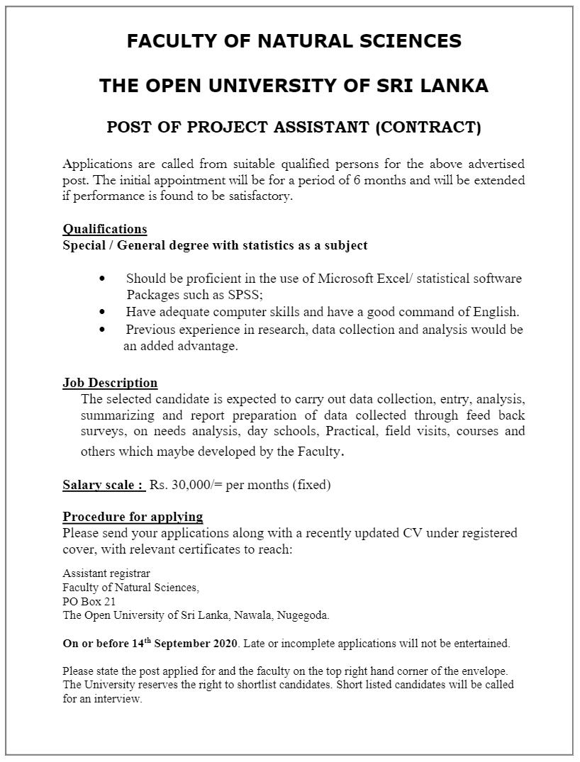 Project Assistant - The Open University of Sri Lanka