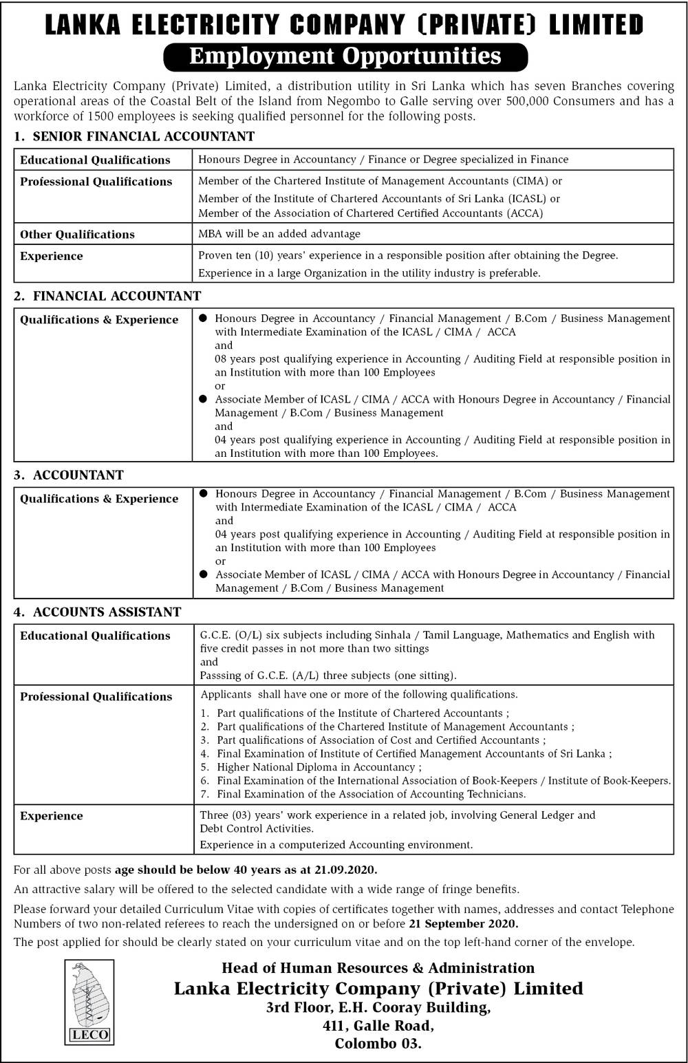 Senior Financial Accountant, Financial Accountant, Accountant, Accounts Assistant - Lanka Electricity Company (Private) Limited