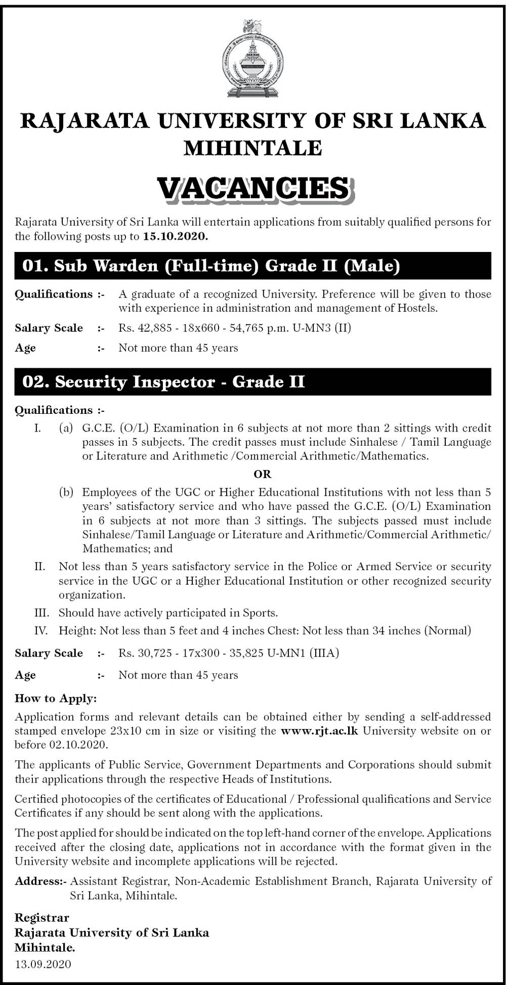 Sub Warden (Male), Security Inspector - Rajarata University 