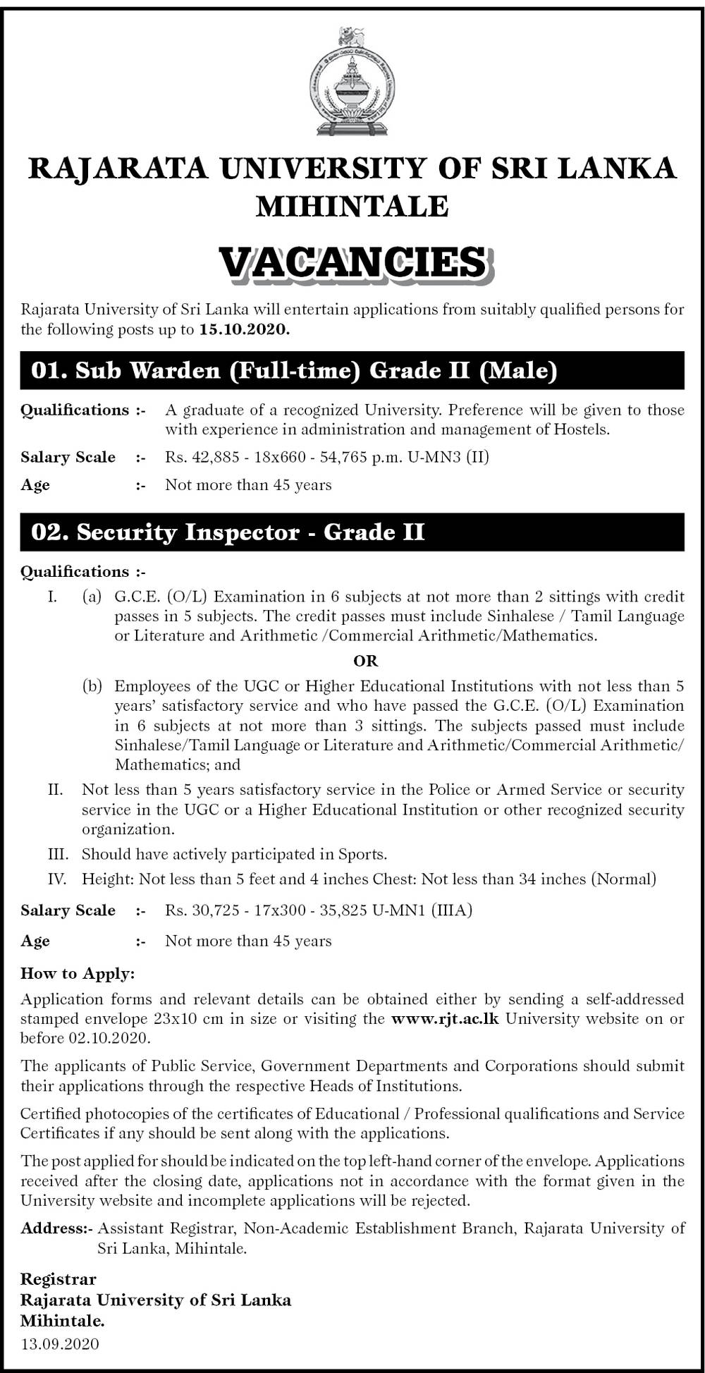 Sub Warden (Male), Security Inspector - Rajarata University 