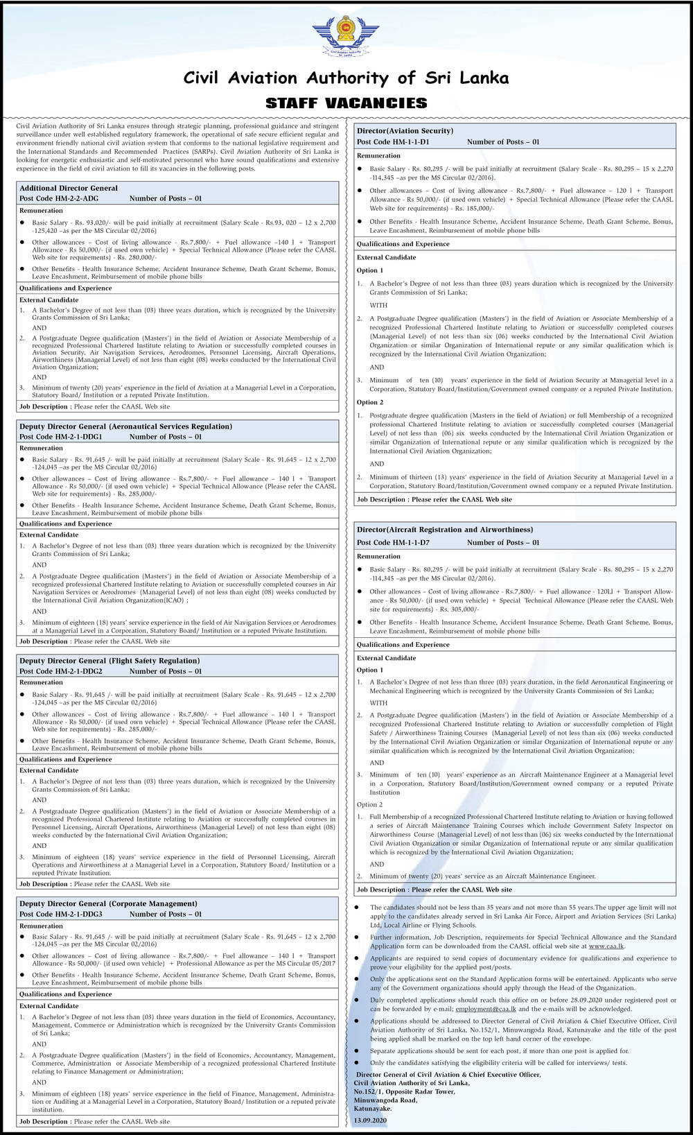 Additional Director General, Deputy Director General, Director - Civil Aviation Authority of Sri Lanka