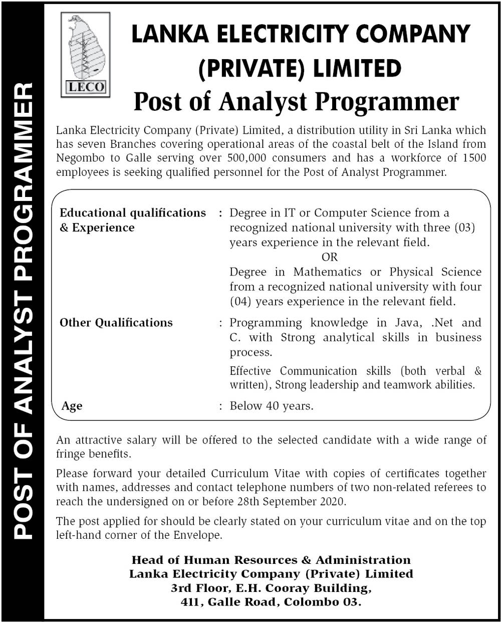 Analyst Programmer - Lanka Electricity Company (Private) Limited